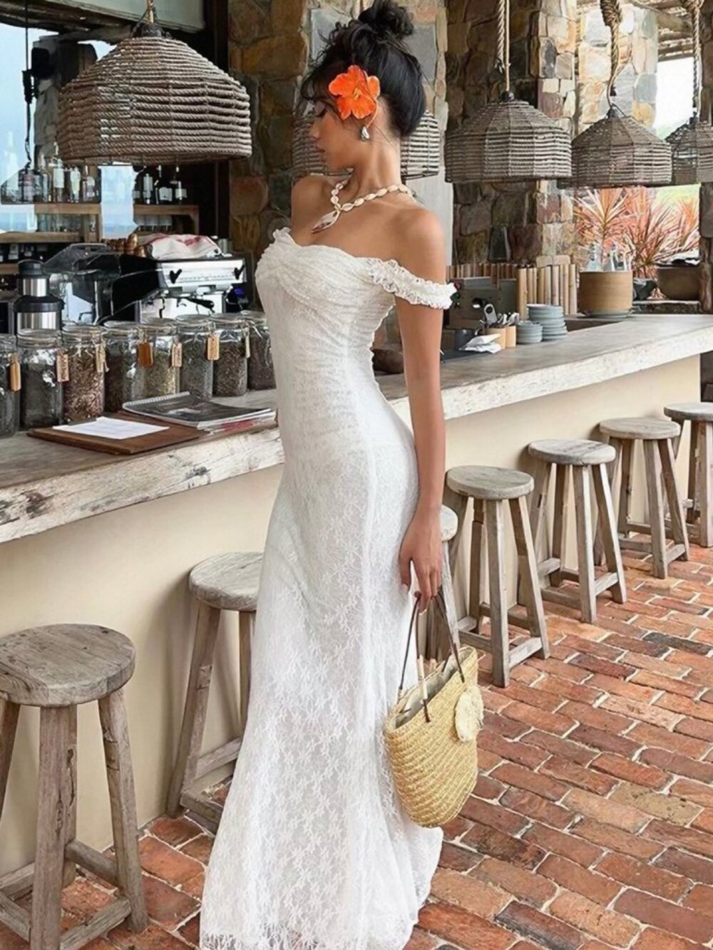 White Lace Maxi Dress - Size L
